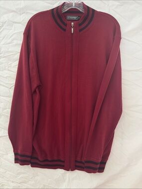 Henderson Burgundy Zip Merino Wool Sweater with Black Stripe Trim